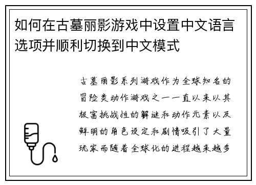如何在古墓丽影游戏中设置中文语言选项并顺利切换到中文模式