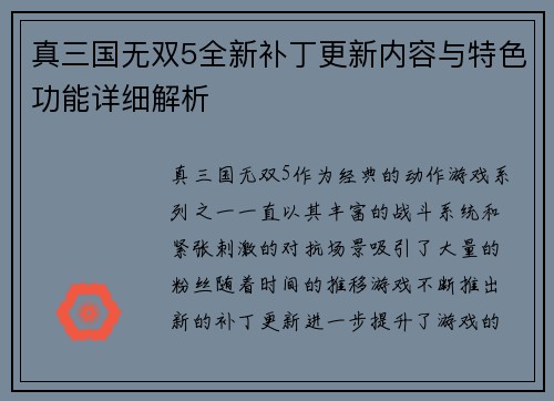 真三国无双5全新补丁更新内容与特色功能详细解析